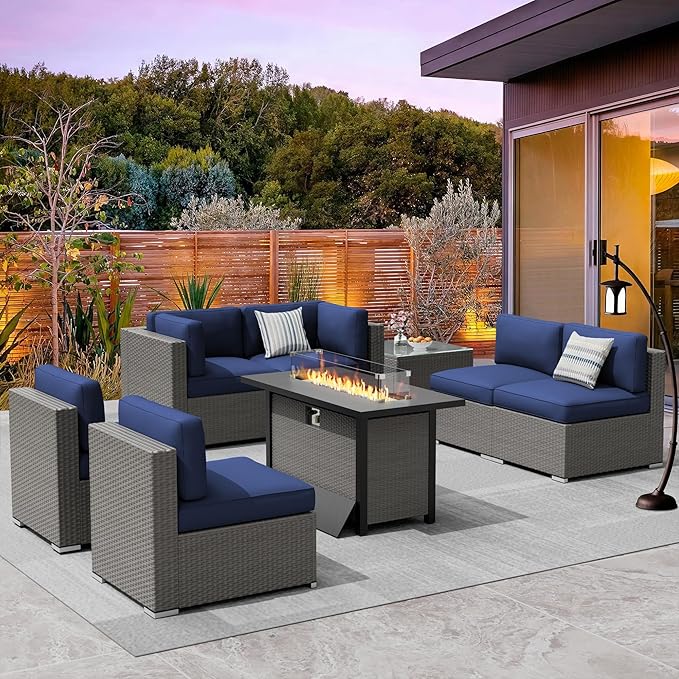 Crownland 8-Piece Outdoor Patio Furniture Sets with 45” Propane Gas Fire Pit Table, All-Weather Grey Wicker Rattan Sectional Sofa with Coffee Table(Dark Blue)