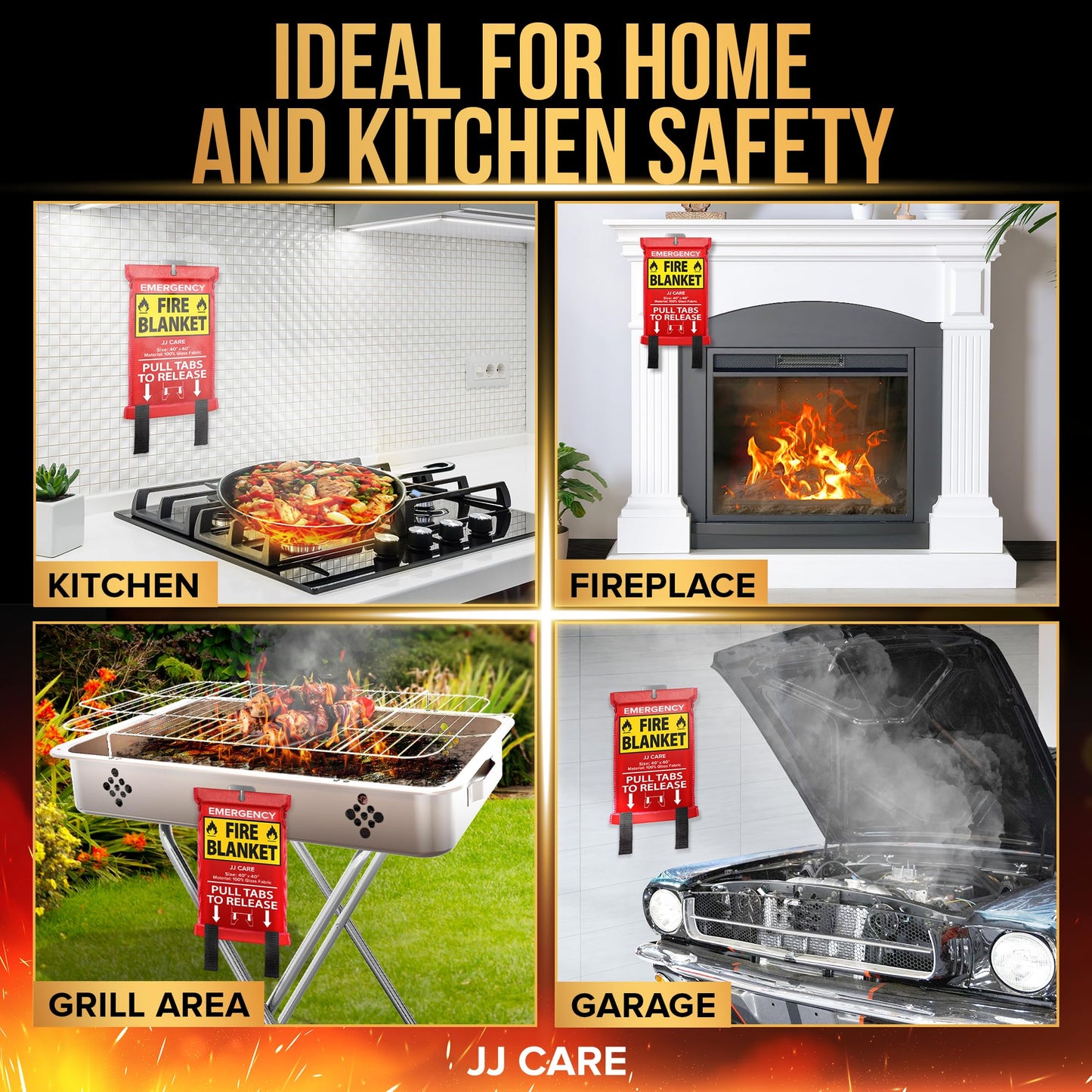 JJ CARE Fire Blanket – 9 Packs with Hooks and Gloves – 40” x 40” Fire Blankets Emergency for Home and Kitchen, High Heat Resistant and Flame Protection for Kitchen, Car, Office, Camping & Home Safety
