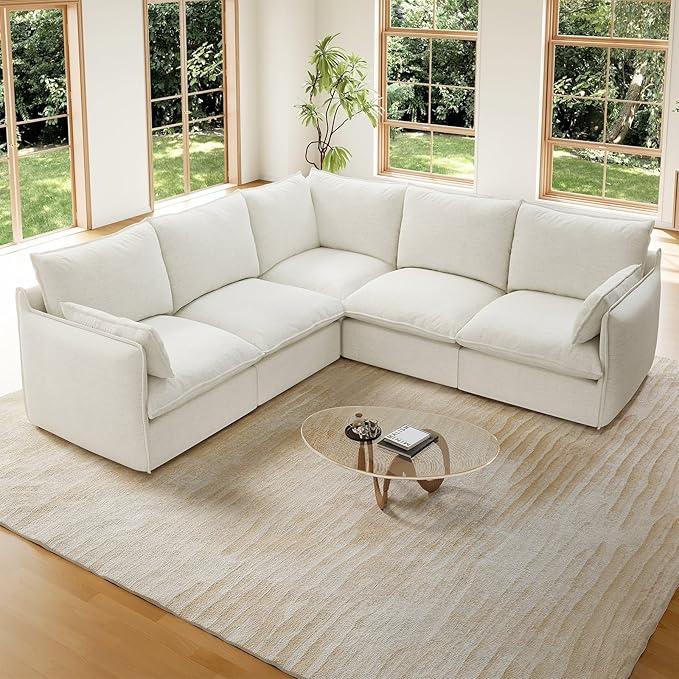 Forest aesthetics Cloud Modular Sectional,V Shape 5 Seater Waterproof High Backrest Sectional Sofas,Down Filled Modular Couch with Removable Washable Cover for Living Room,Cream White