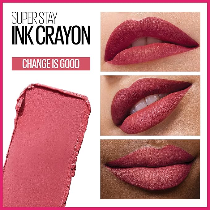 Maybelline Super Stay Ink Crayon Lipstick Makeup, Precision Tip Matte Lip Crayon with Built-in Sharpener, Longwear Up To 8Hrs, Change Is Good, Rose Pink, 1 Count
