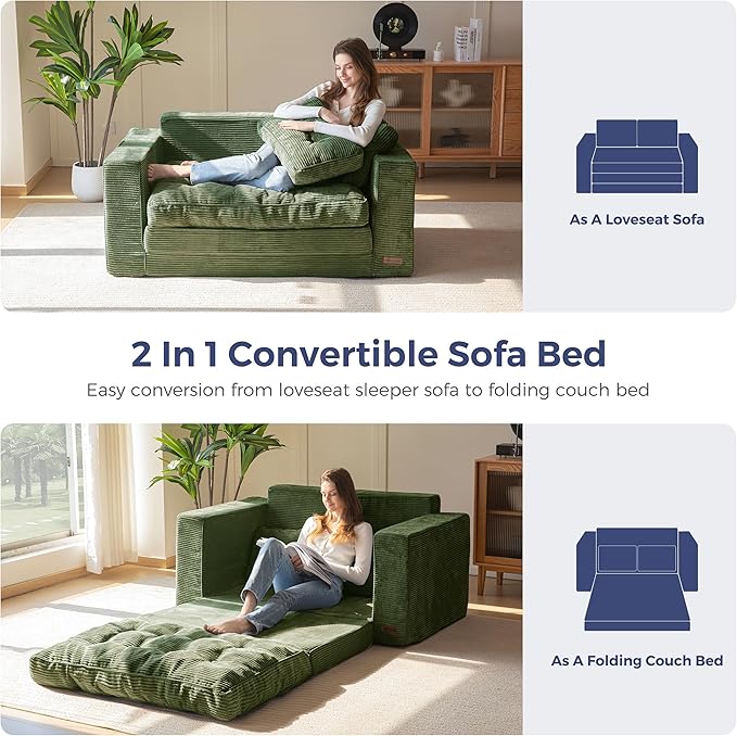 MAXYOYO Convertible Sofa Bed, Pull Out Loveseat Sleeper Sofa, 2 in 1 Folding Couch Bed, Floor Couch with Pillows for Living Room Bedroom Lounge, Dark Green