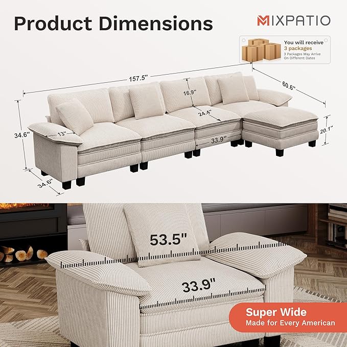 MIXPATIO 157-Inch L Shaped Sectional Sofa with Cloud Cushions, Deep Seat Modular Couch Set w/ 5 Seats & 1 Ottomans, Removable Arms, Plush Corduroy Upholstery for Living Room, Apartment - Beige