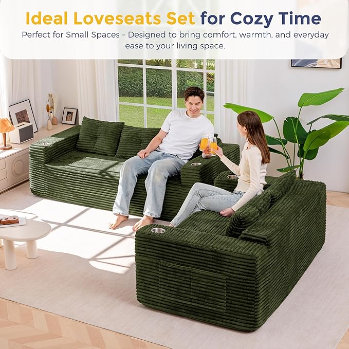 MAXYOYO Boneless Couch and Loveseat Sets for Small Spaces, Mini Love Seat Floor Couch with Cup Holders and Pillows, Upholstered Cloud Couch for Bedroom Apartment, No Assembly Required