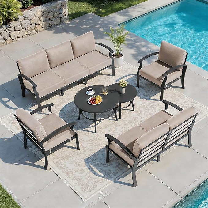 RTDTD Aluminum Outdoor Patio Furniture Set,7 Seats Patio Conversation Sets with 2 Round Coffee Tables,Metal Patio Sectional Furniture Set with 5.1" Thickened Cushions,Sand