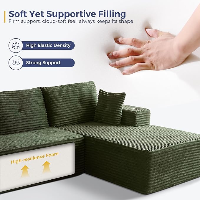 MAXYOYO 132" Giant U-Shaped Modular Sectional Couch, Modern Boneless Couch for Living Room, Sofa in A Box, Oversized Sofa Sleeper with Deep Seat, No Assembly Required, Green