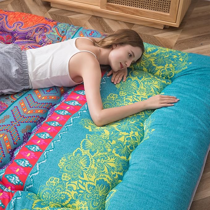 MAXYOYO Bohemian Retro Mattress Boho Floral Style Japanese Futon Mattress Tatami Floor Mat Foldable Lounger Portable Camping Sleeping Pad Couch Bed Twin Size