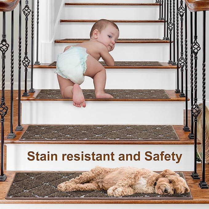 BEQHAUSE Non Slip Stair Treads - Machine Washable, Soft Stair Carpet Treads for Wooden Steps, 28inX9in, 15PCS, Brown