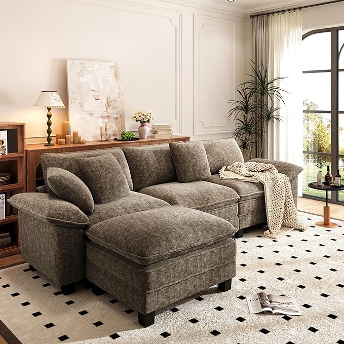 PHI VILLA Cloud Modular Couch Sets, 123.6" Sectional Sofa with L-Shaped Chaise, 4-Seater Upholstered Couches with Movable Ottoman for Living Room, Chenille Fabric, Taupe
