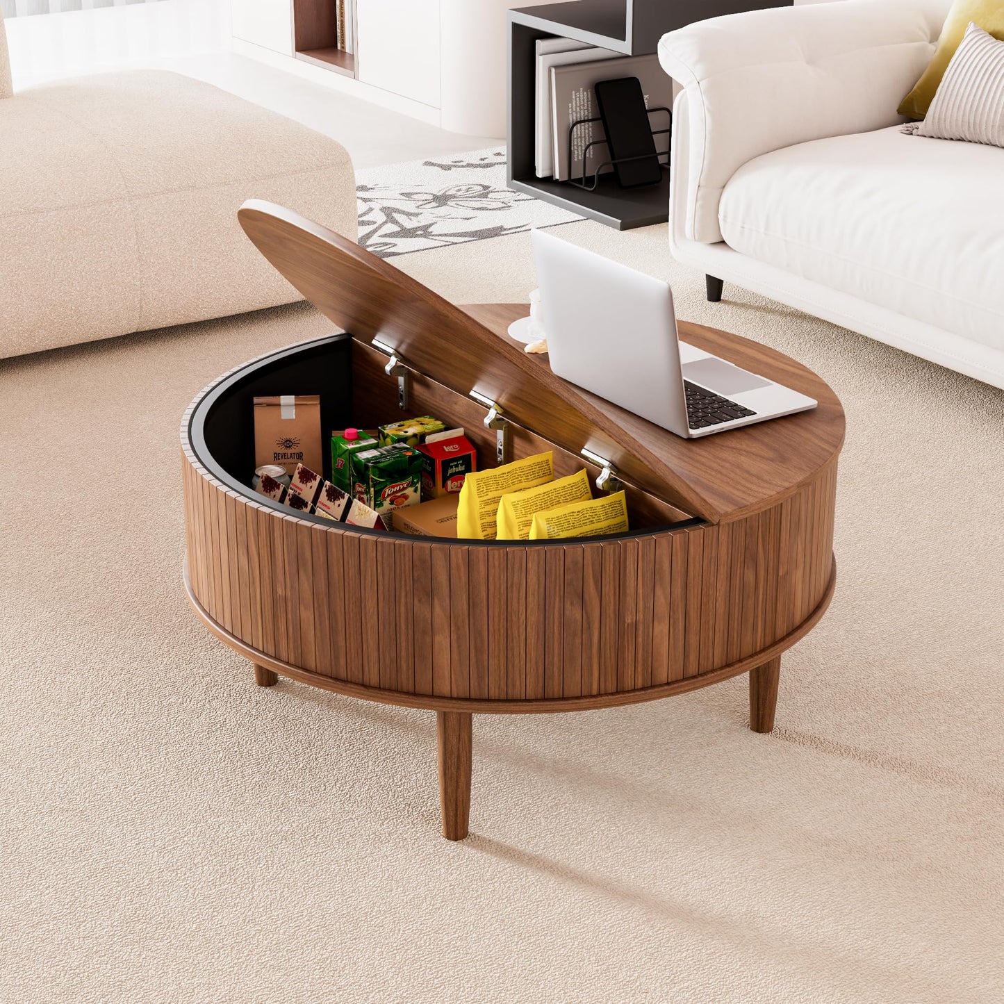 Round Fluted Lift Top Coffee Table with Storage, Mid Century Modern Coffee Table for Living Room, Home Small Space,31.5" Fluted Center Table (Walnut, 31.5inch)