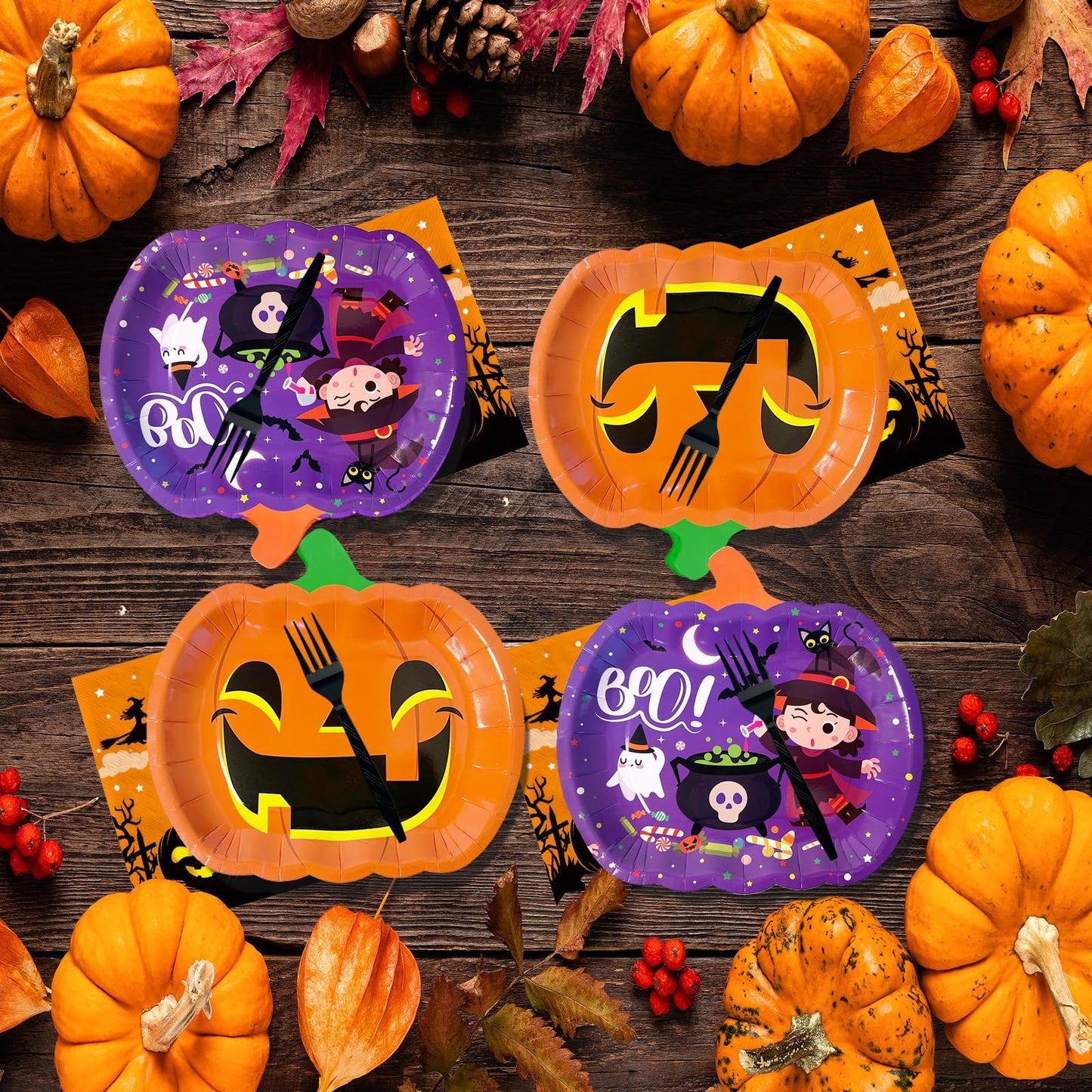 YQUQWN 48 PCS Halloween Pumpkin Shaped Paper Plates and Napkins Set, Perfect for School Events, Holiday Celebrations, Trick-or-Treat Parties, and Themed Gatherings, Disposable and Fun Decor