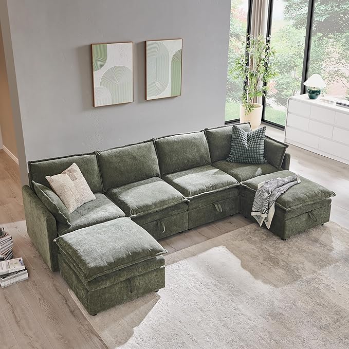 wow97e 116.54" U Shaped Sectional Couches for Living Room, Modern Cloud Couch Sectional with Large Storage, 6-Seat Modular Sectional Sofa with Ottoman and Pillow for Apartment, Bedroom, Green