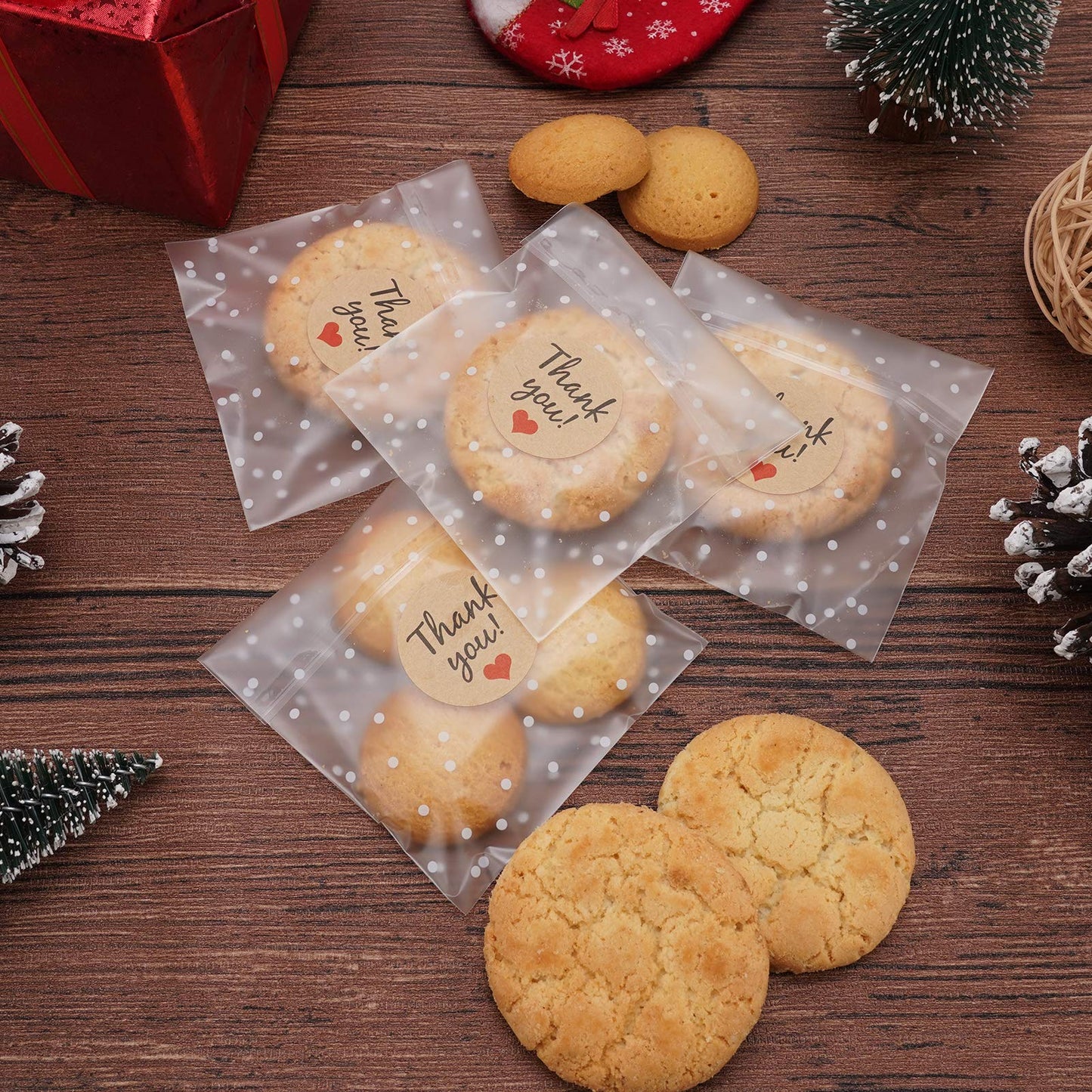 FLYTT Self Adhesive Cookie Bags, White Polka Dot Individual Resealable Cellophane Treat Bags with Thank You Stickers for Gift Giving (3.9''x3.9'', 100 Pcs)
