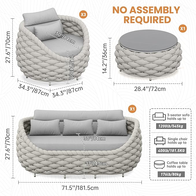 Erotr 5 Pieces Porch Patio Conversation Set: Hand Woven Rope, Rusrproof Aluminum Frame, Weather Resistant, Thick Cushions, No Assembly Furniture, Comfy Outdoor Sofa Set for Deck Yard Lawn Hotel - Gray