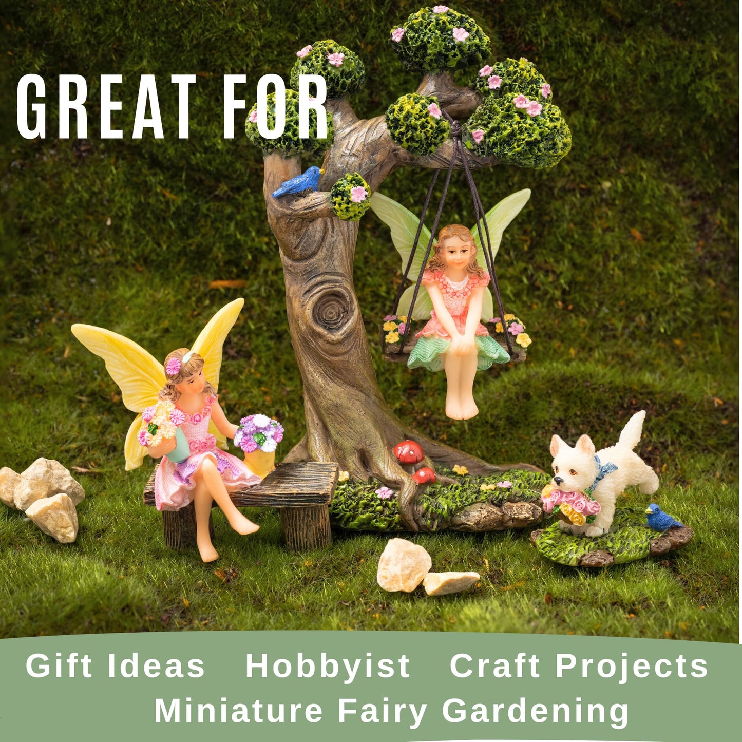 PRETMANNS Fairies for Fairy Garden – Cute Accessories Kit for Indoor or Outdoor Miniature Garden – Figurines, Tree Swing & Puppy Included – 4 Piece Set