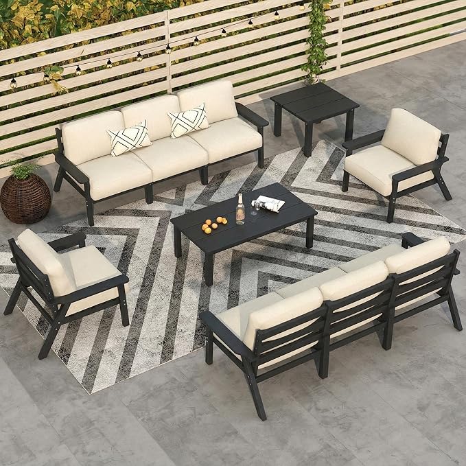 Patio Kingdom 10 Piece Outdoor Patio Furniture Set, Outdoor Couch with Washable Thick Beige Cushions, Coffee Table & Side Table, Patio Conversation Sets for Lawn, Garden, Porch, Balcony (Grey Frame)