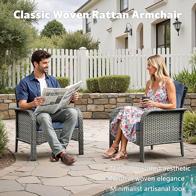 CAODOC 2 Pack Wicker Patio Furniture Chairs,Outdoor Rattan Chairs with Armrest Support 250 lb,Blue