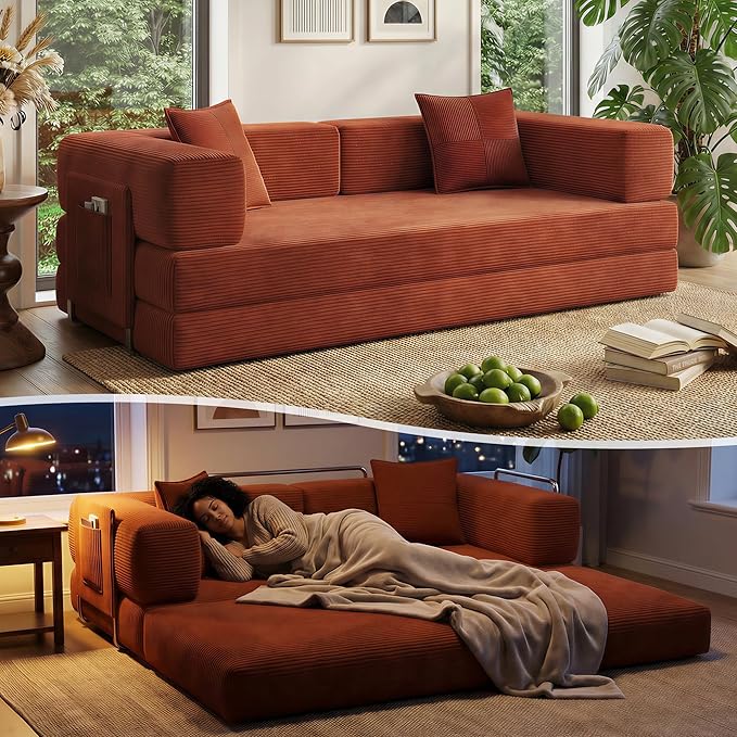 Fancyfire 78.8" Convertible Sofa Bed with Armrest Pillow,4-in-1 Sleeper Couch Bed for Livingroom,Modular Corduroy Boneless couches,No Assembly (Orange)