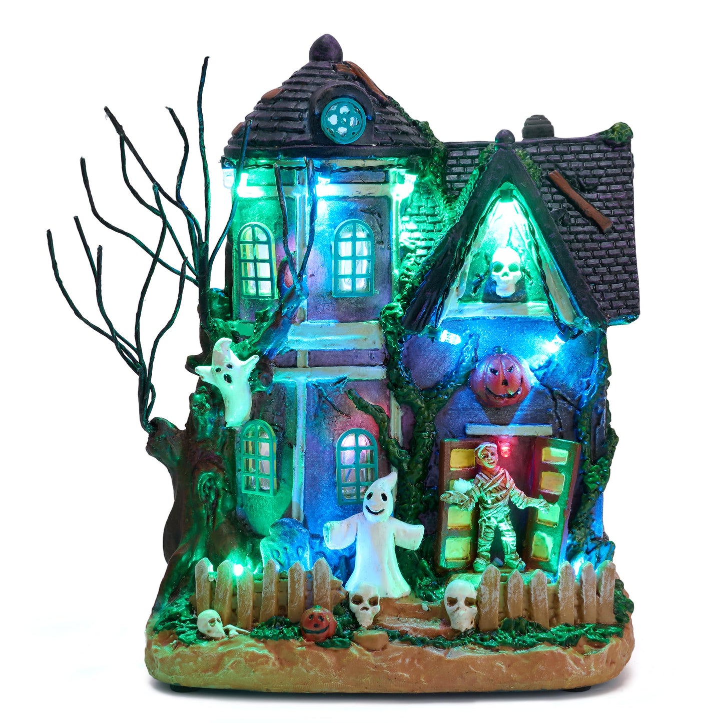Valery Madelyn Halloween Decorations, Lighted Halloween Village Houses with Music and LED Lights, Resin Spooky Town Mummy's Haunted House for Home and Party Table Desk Mantel, 8 Inch