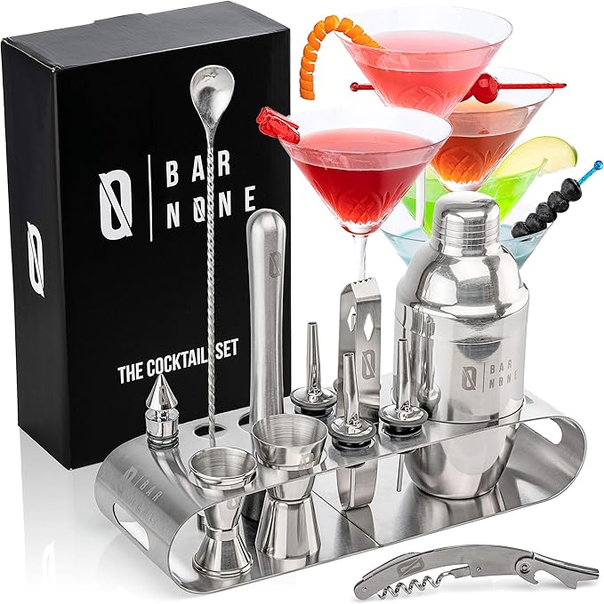 BAR NONE The Cocktail Set | 12-Piece Stand Bar Set Exquisite Quality Bartender Kit Tools | Martini Shaker Jigger Shot Mudd...