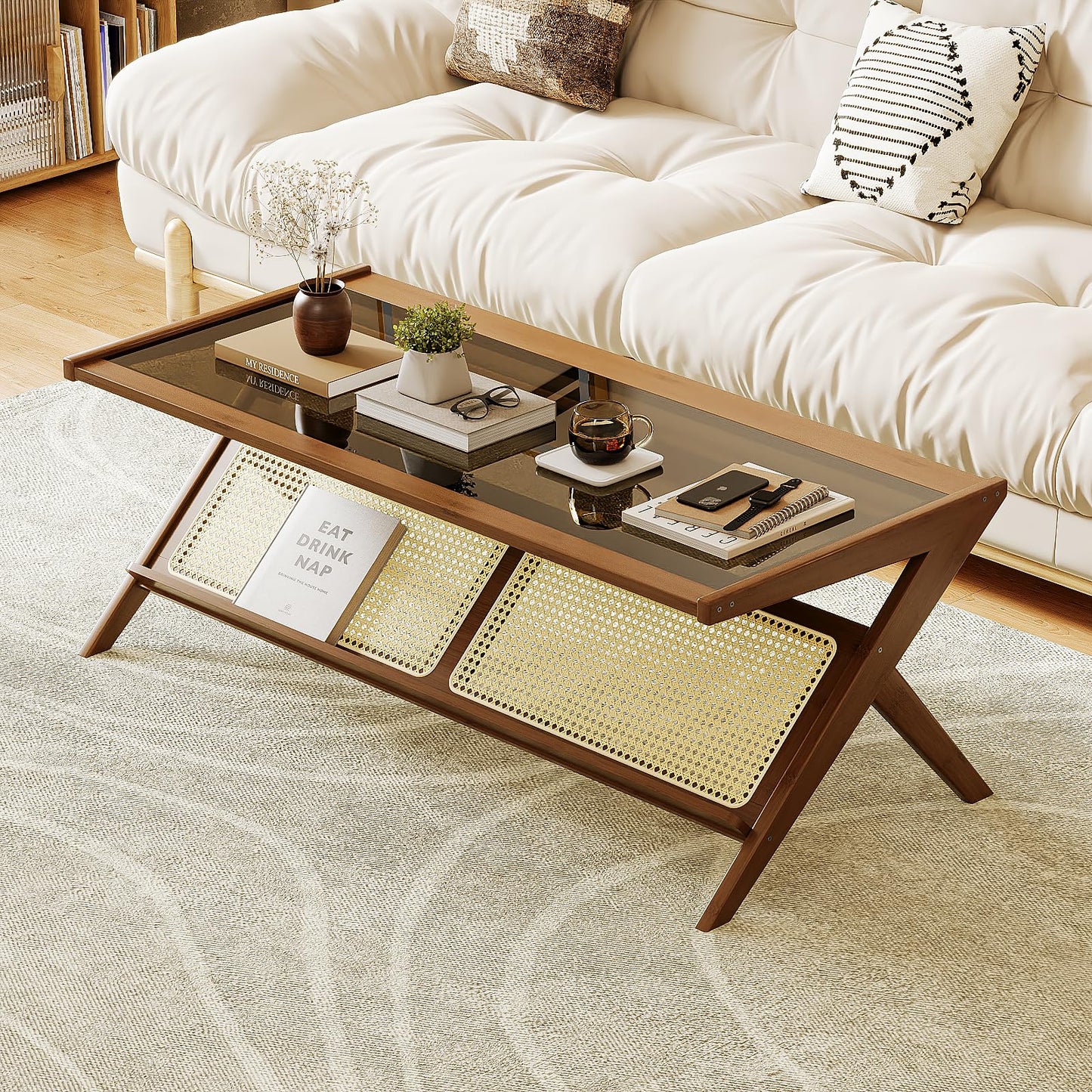 Bamworld Rattan Coffee Table with Glass Top Mid-Century Modern Center Table with Storage for Living Room Table Brown