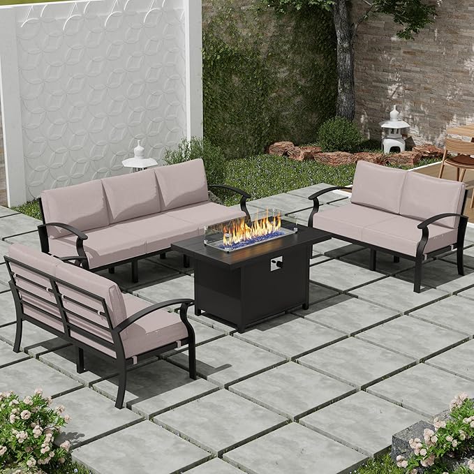 RTDTD Aluminum Outdoor Patio Furniture Set,4 Pieces 7 Seats Patio Conversation Sets with 45" Propane Fire Pit Table,Metal Patio Sectional Furniture Set w/5.1" Cushions for Porch,Deck,Backyard,Sand