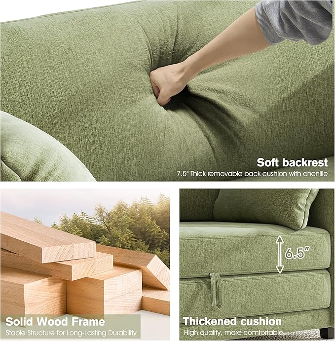 kakuboohi 65" Loveseat Sleeper Sofa Bed, Chenille Convertible Floor Sofa Bed for Small Spaces, Folding Couch Bed with Deep Seat, 2 Pillows & Solid Frame, Pull Out Floor Couch for Living Room, Green