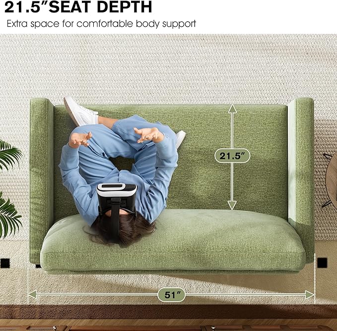 kakuboohi 51" Loveseat Sleeper Sofa Bed, Chenille Convertible Floor Sofa Bed for Small Spaces, Folding Couch Bed with Deep Seat, 2 Pillows & Solid Frame, Pull Out Floor Couch for Living Room, Green