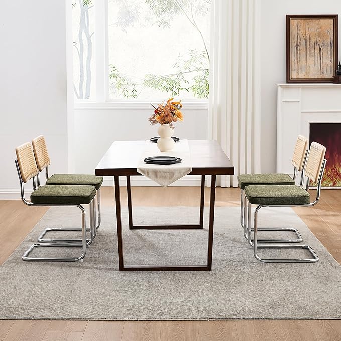 Zesthouse Natural Rattan Dining Chairs Set of 2, Mid Century Modern Dining Chairs with Solid Wood Back & Chrome Base, for Kitchen Living Room, Breuer Design Inspired, Upholstered Linen Fabric, Green