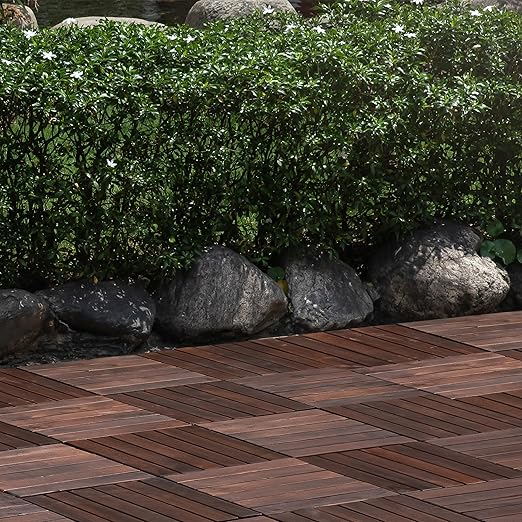 VICTORY RELAX Acacia Wood Decking Tiles 27PCS - Easy Snap Interlocking Deck Tiles for Patio Poolside Balcony Decor - All Weather Waterproof Flooring for Indoor & Outdoor (Round Joints)