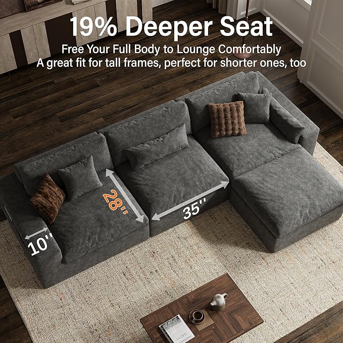 125'' Oversized Boneless Sectional Couches for Living Room, Deepseat Boneless Cloud Modular Sectional Sofa with Ottoman, No Assembly Required L-Shape Cloud Sofa, Plush Fabric, Dark Gray
