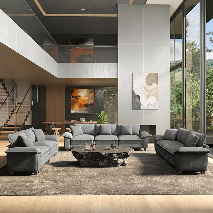 HERA'S HOUSE 2 Pieces Modular Sectional Sofa Sets, Oversized Couch Set with Loveseats, Comfy Cloud Couches with Throw Pillows, 5-Seater Deep Seat Sofa for Living Room, Corduroy Grey