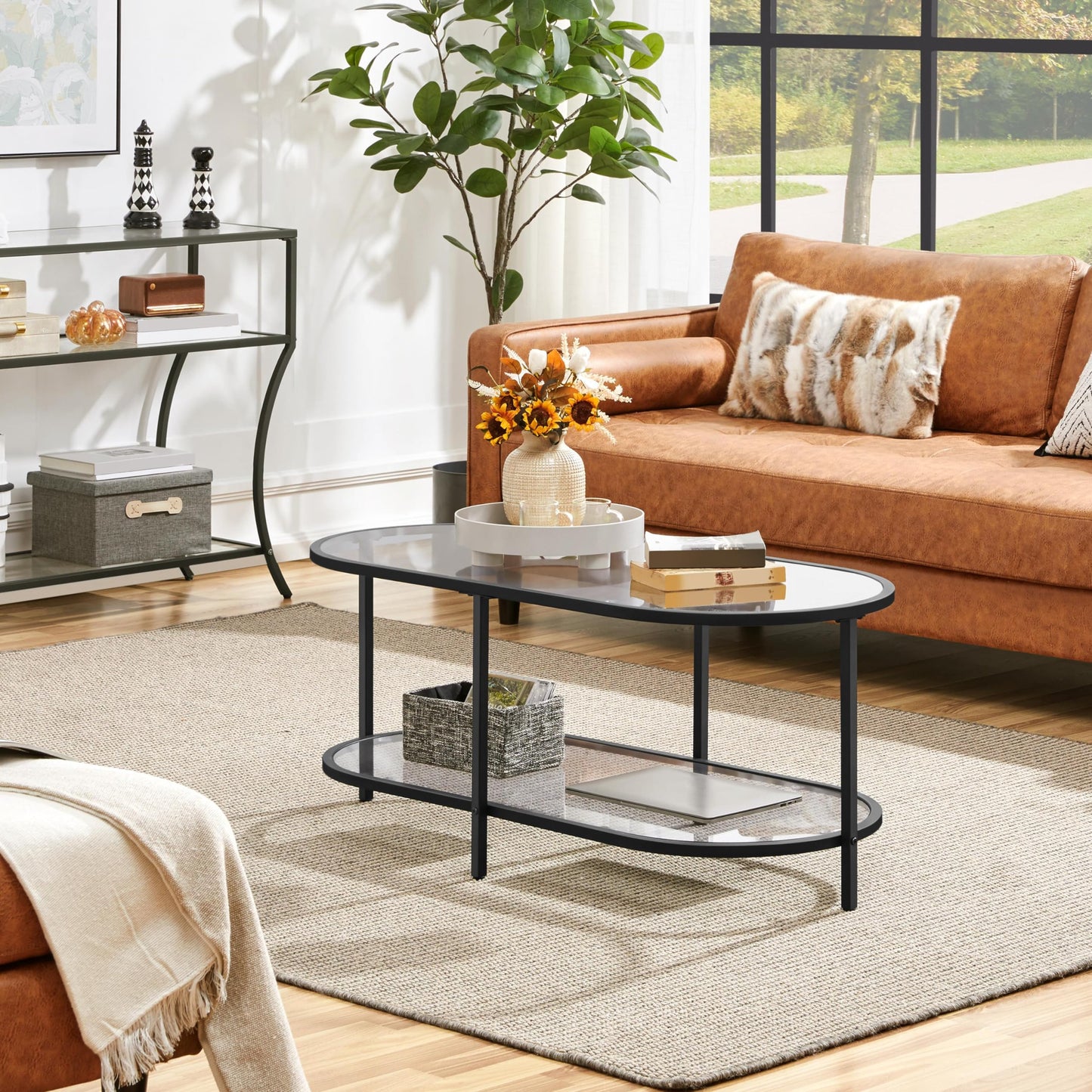 Yaheetech Glass Coffee Table, Black Small Center Table with Storage Shelf for Living Room Small Space, Apartment