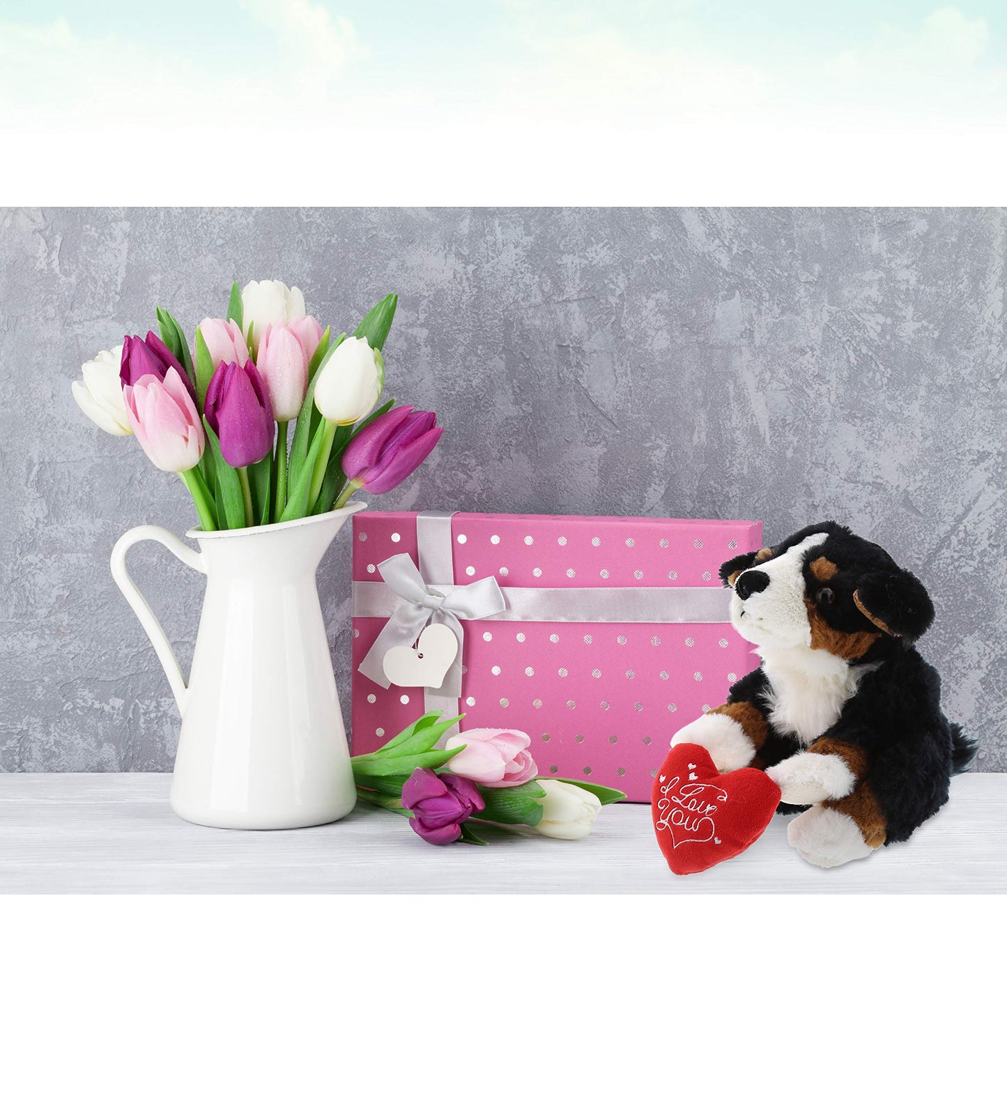 DolliBu I Love You Valentine Plush Bernese Dog - Cute Stuffed Animal with Red Heart and Name Personalization Gift for Valentines Day, Birthday, Anniversary, Romantic Date - 7 Inches