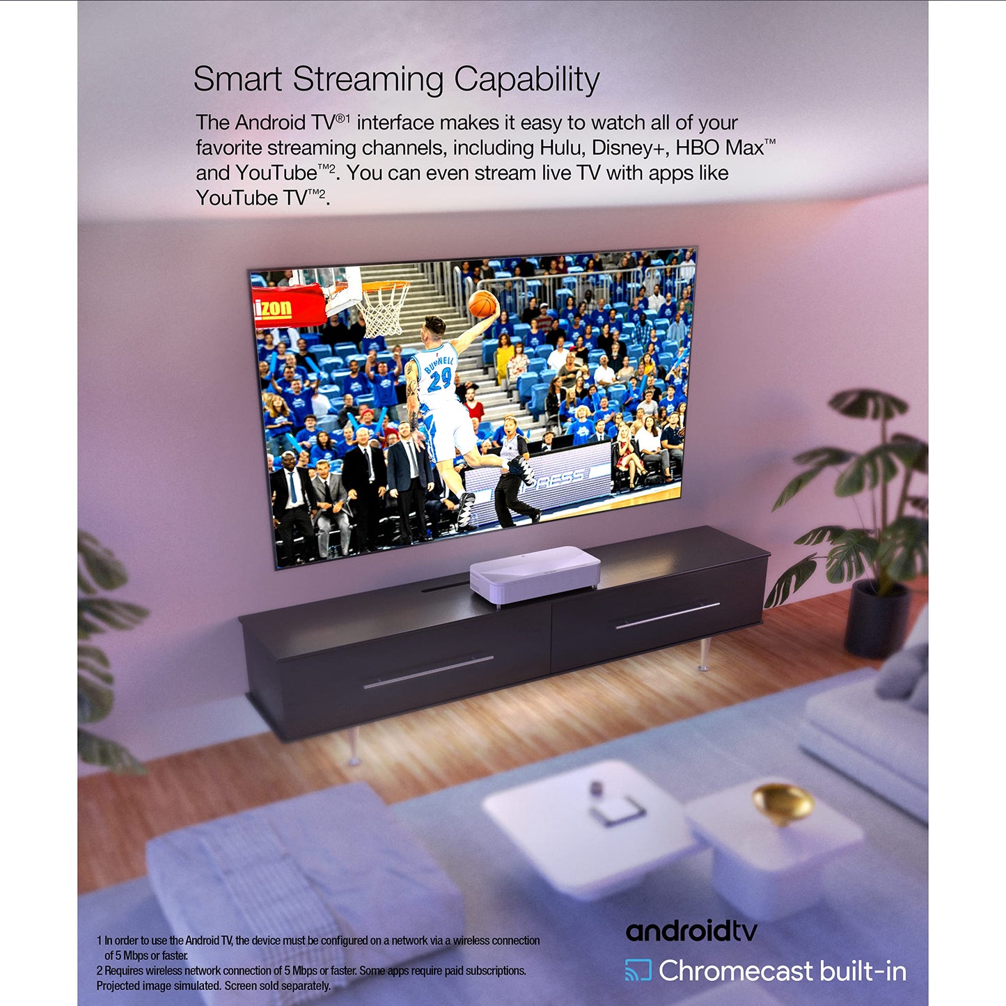Epson LS800 Ultra Short Throw 3-Chip 3LCD Smart Streaming Laser Projector, 4,000 Lumens of Color and White Brightness, 4K PRO UHD, HDR, Android TV, 2.1ch Yamaha Built-in Speakers - White