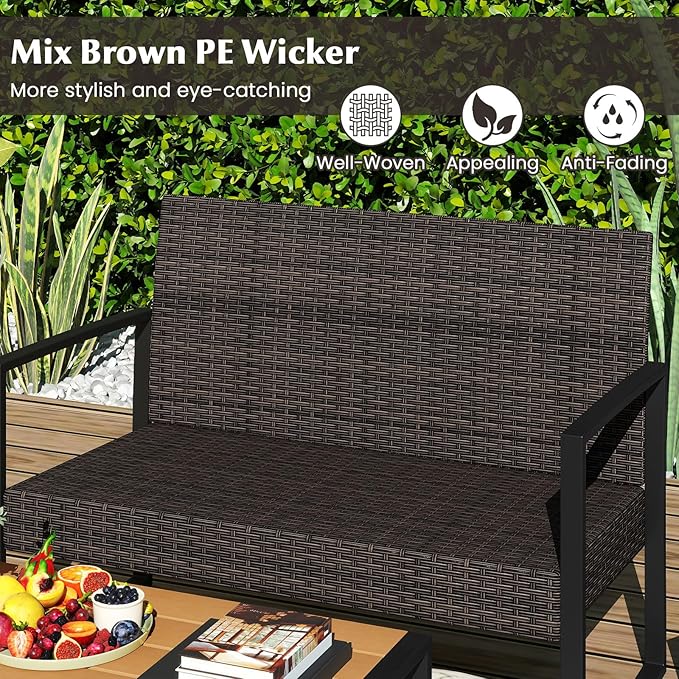 Tangkula 4 Pieces Patio Furniture Set, Outdoor Rattan Conversation Set w/Cushioned Chairs & Wood Plastic Coffee Table, Wicker Sectional Seating Furniture for Backyard, Poolside, Porch (Off White,1)