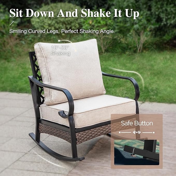HERA'S HOUSE 4 Piece Metal Patio Furniture Set, All Weather Outdoor Conversation Set with 3 Seat Sofa, 2 Rocking Chairs & Coffee Table, Seats 5 for Backyard, Garden, Deck, Beige