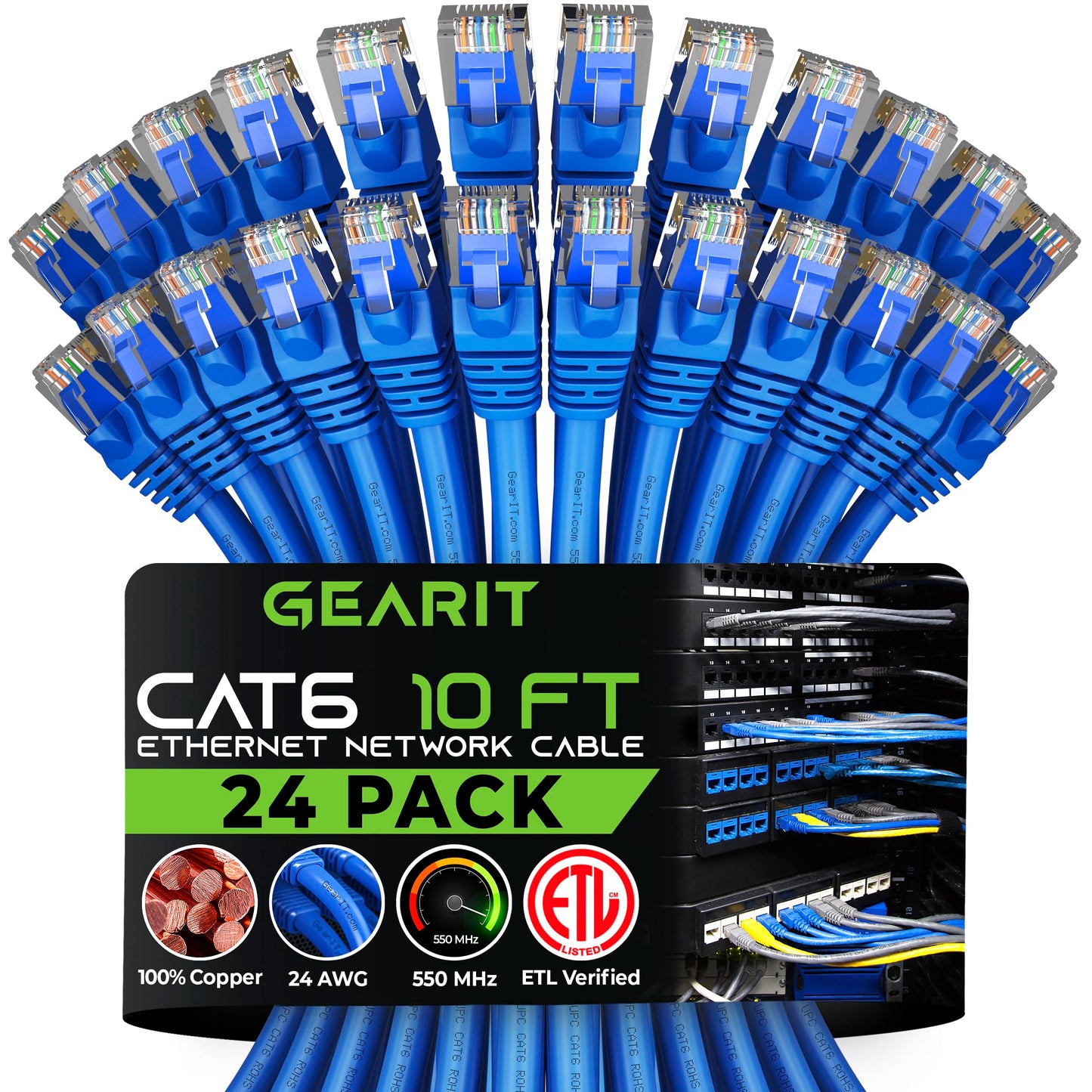GearIT 24-Pack  Cat 6 Ethernet Cable Cat6 Snagless Patch 10 Feet - Snagless RJ45 Computer LAN Network Cord  Blue - Compatible with 24 48 Port Switch POE Rackmount 24port Gigabit-New