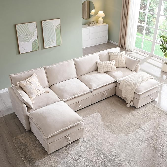 112.6" Sectional Couches for Living Room, Cloud Couch Sectional with Large Storage, U-Shape Modular Sectional Sofa with Ottoman, 6 Seater Chenille Sofa with Pillow for Apartment, Bedroom, Beige