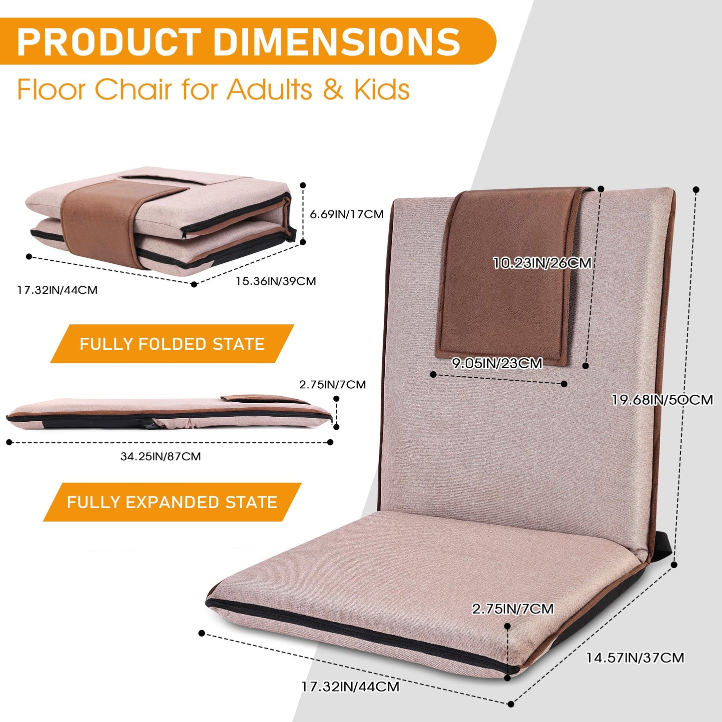 FASTMOMENT Adjustable Floor Chair with Back Support - 14-Position Portable Foldable Meditation Chair for Adults & Kids - Japanese KOYO Bearings & Washable Linen Cover (Coffee)