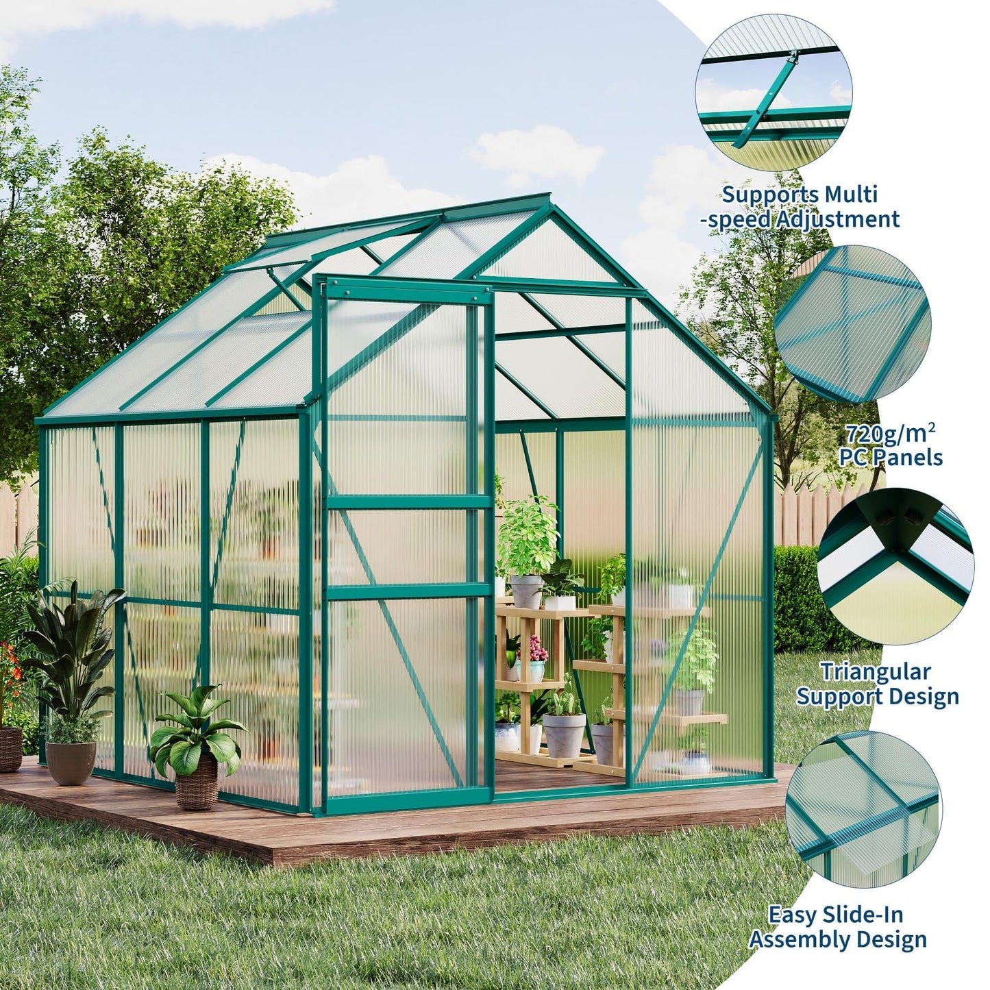 GAOMON Greenhouses, Large Walk in Greenhouses for Outdoors and Garden Planting, Polycarbonate Greenhouse with Enhanced Aluminum Frame, Sliding Door＆Adjustable Roof Vent for Winter Use (Green, 6*6FT)
