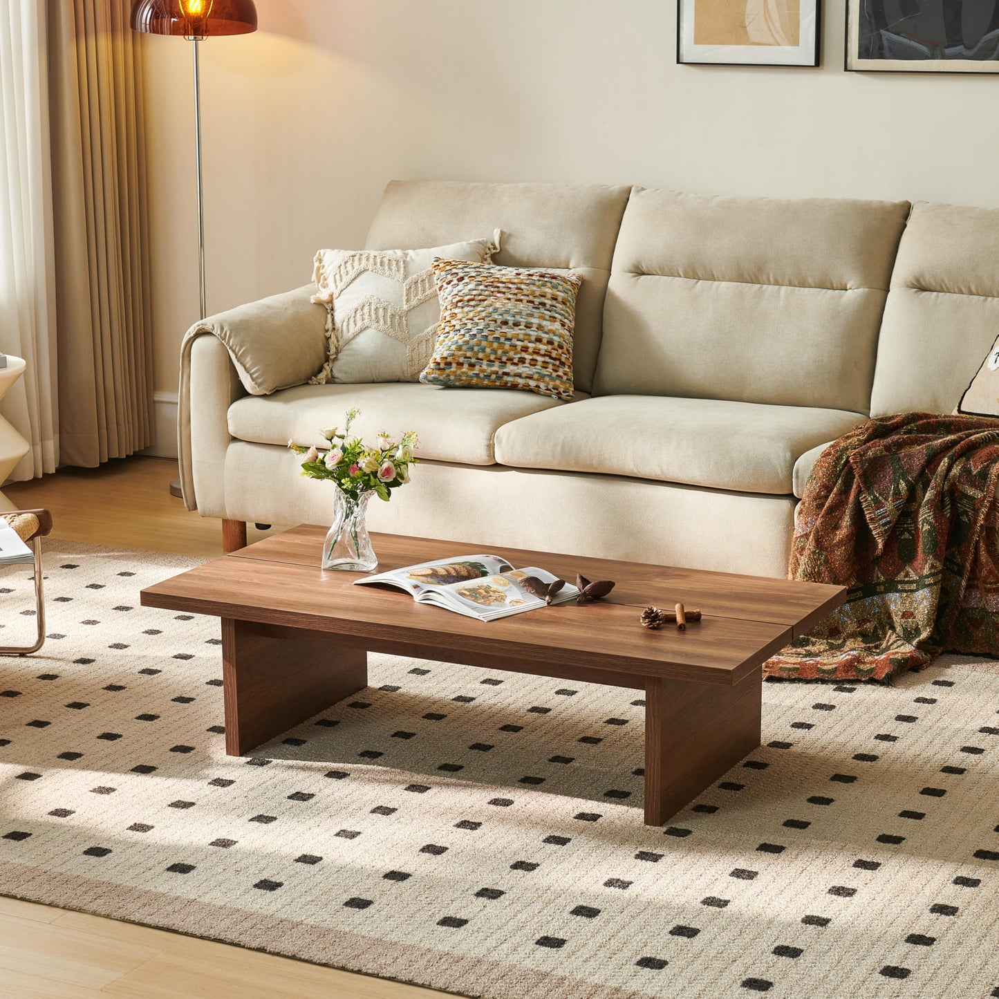 FHKJ Rectangle Coffee Table, 47" Modern Walnut Living Room Table with Wood Grain Surface, Low Profile Center Table, Japanese Tea Table, 2-Leg Design for Small Apartment Sofa, Walnut Brown