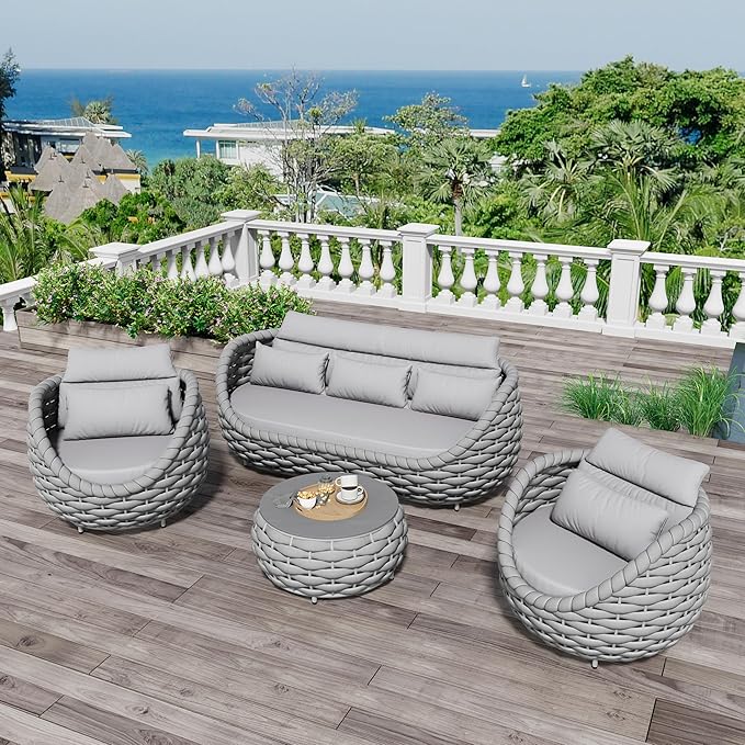 Erotr Woven Rope Patio Furniture Set: 4 Pieces Aluminum Outdoor Conversation Sofa Set Assembled - Modern Couch Set Cushioned - All Weather Metal Porch Seating for 5 Person Deck Garden Pool Hotel, Gray