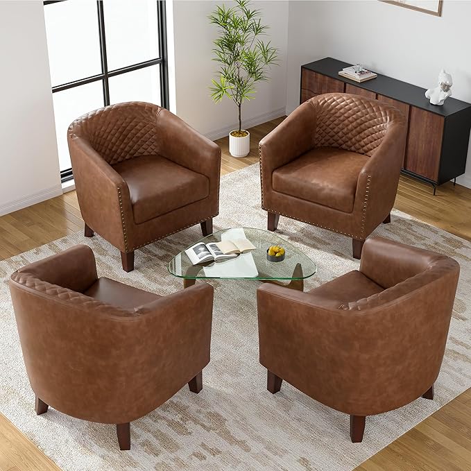 UIXE PU Leather Barrel Accent Chairs Set of 4, Modern Upholstered Armchair Round Club Chair for Living Room, Comfy Nailed Trim Arm Chair Bedroom Side Reading Seat - Brown