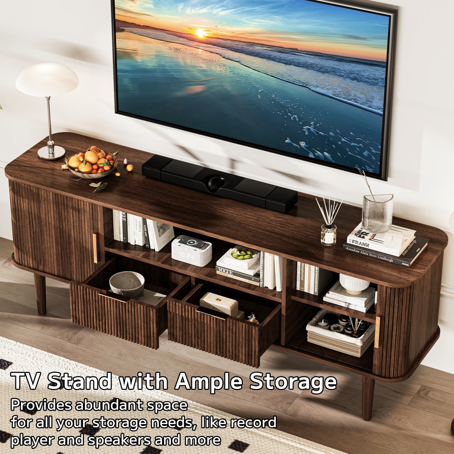 DAMCROP TV Stand 62.4 Inch Mid Century Modern Media Console Table with Drawer Shelves Sliding Tambour Door Farmhouse Sideboard Buffet Cabinet Fits TVs up to 75 inch Fluted Wood Entertainment Center