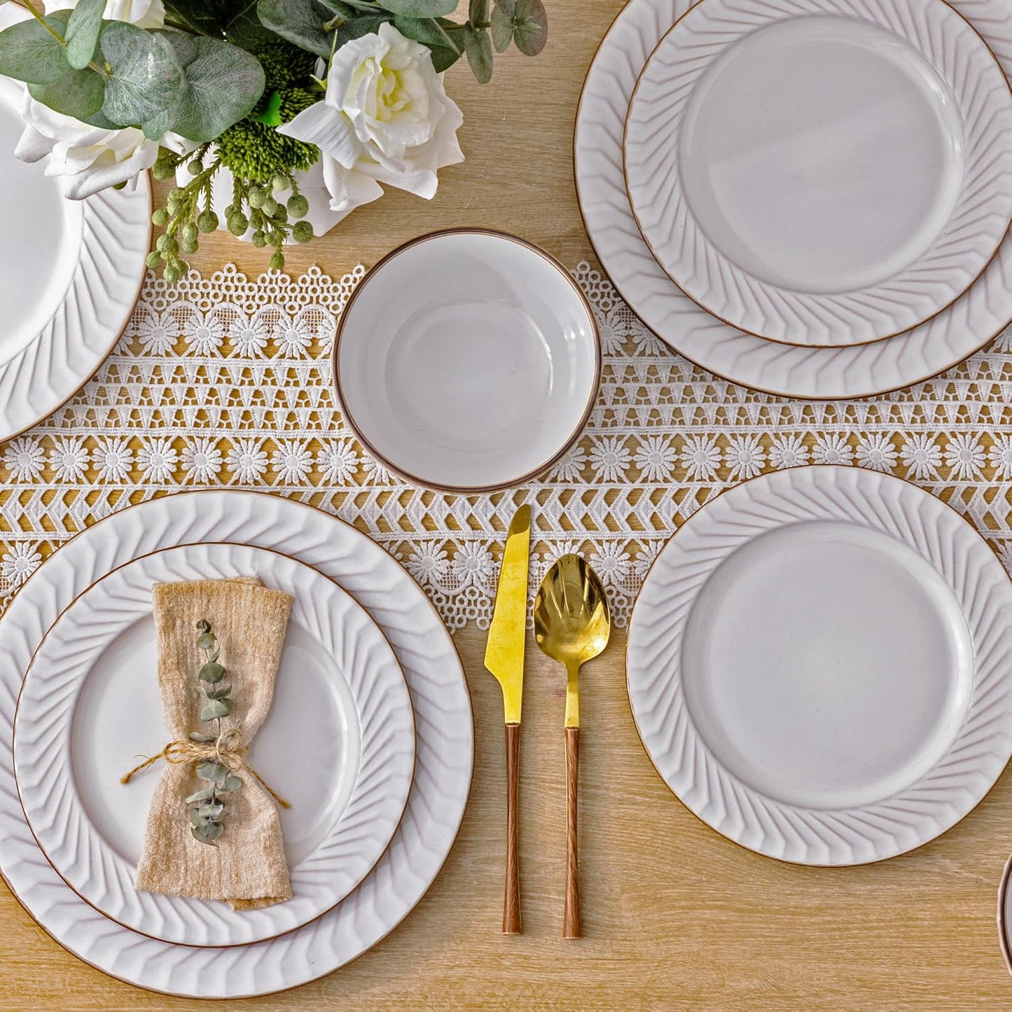 GBHOME Ceramic Dinnerware Sets,12 pcs Embossed Elegant Stoneware Plates and Bowls Sets, Housewarming Wedding Gift | Dishwasher & Microwave Safe | Dishes Set Service for 4