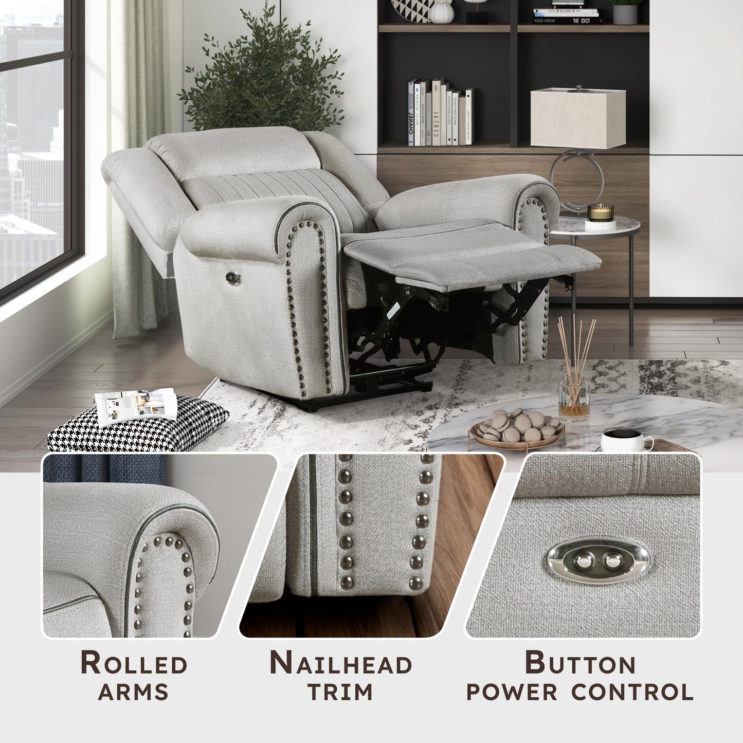 Lexicon Recliner Chair Living Room Reclining Sofa Chair, Modern Home Theater Seating Comfortable Rolled Arm Microfiber Recliner, Power Recliner Sofa Chair for Living Room/Office/Apartment, Mist