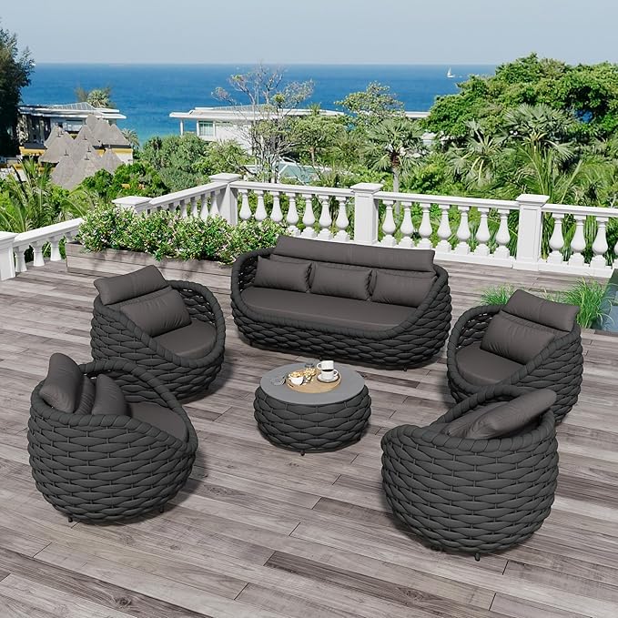 Erotr Aluminum Rope Patio Furniture Set: 6 Pieces Assembled Outdoor Conversation Sofa Set for 7 - Modern Metal Couch Set Cushioned - All Weather Porch Seating for Deck Garden Lanai Hotel, Dark Gray