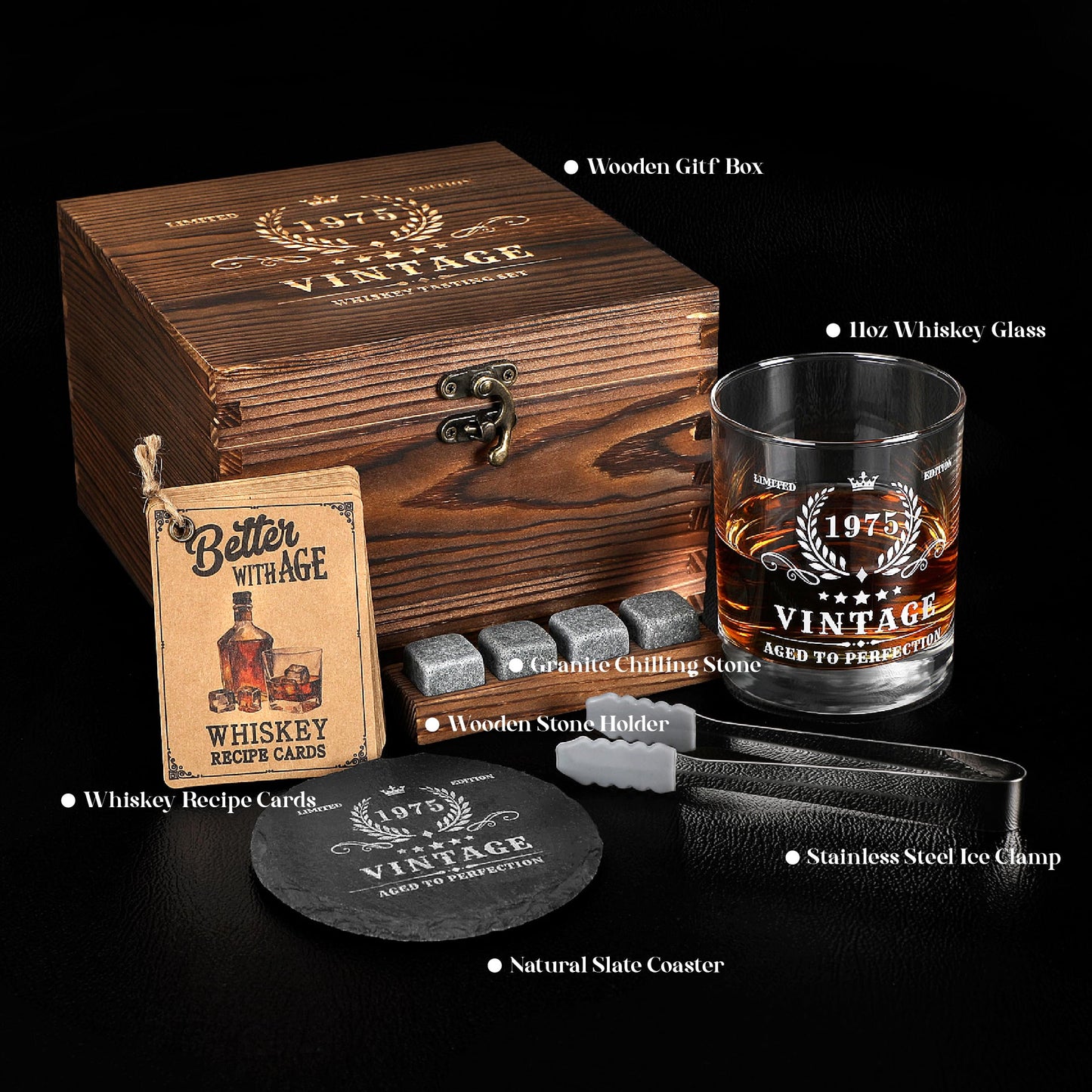 Pagather 50th Birthday Gifts for Men - Vintage 1975 Whiskey Glass Set, 50 Years Old Anniversary Ideas for Him, Dad, Husband, Include Wood Box, Recipe, Stones, Coaster, Stone Holder, Clamp
