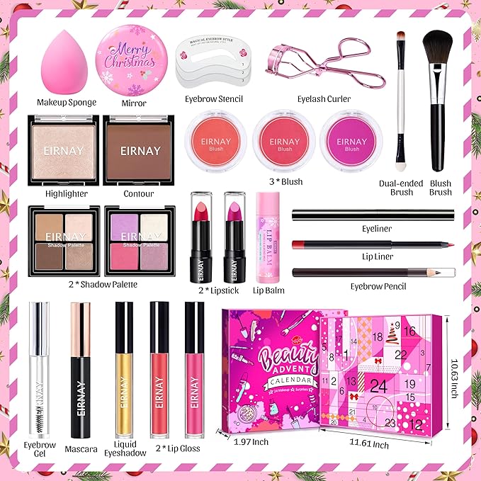 Makeup Advent Calendar 2025 Teen Girls Women Christmas Make Up 24 Days Advent Calendar, Christmas Holiday Festival Cosmetic Starter Makeup Set with 24 Beauty Boxes for Women Girls Teens