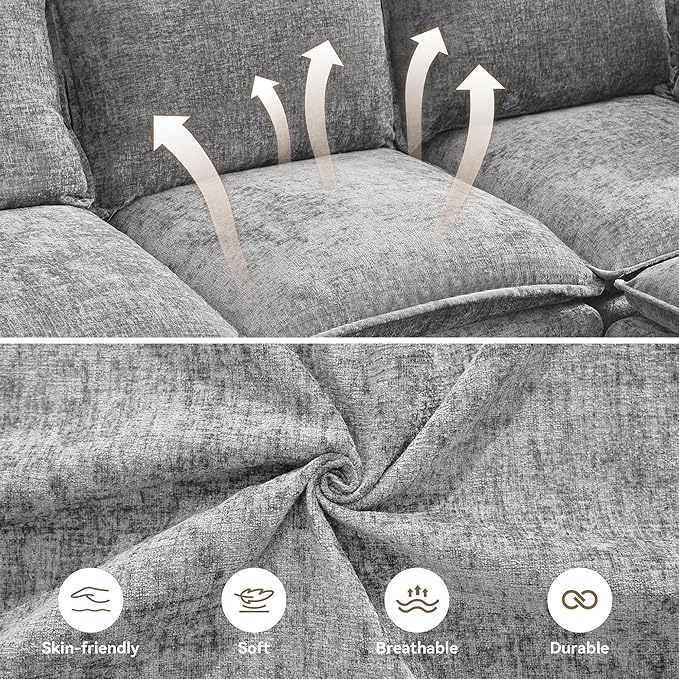 80" Cloud 3 Seater Sectional Modular Couch with Storage Ottoman, Upholstered Storage Sofa Deep Seat, Chenille L Shape Sofa Comfy Couches with Armrests for Living Room, Small Space, Light Grey